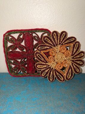 Vintage Rattan Straw Trivet Set Colorful Retro
